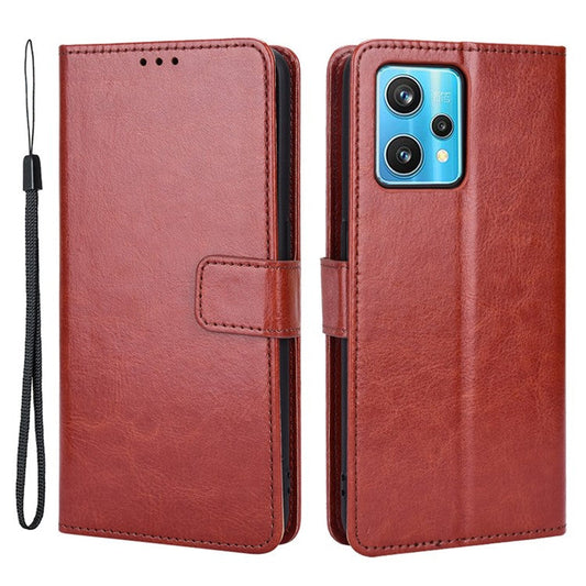 For Realme 9 Pro 5G / V25 5G / 9 5G (Global Version) / 9 5G (EU Version) Drop-proof Crazy Horse Leather Phone Case Well-protected Wallet Stand Function Shell with Strap - Brown