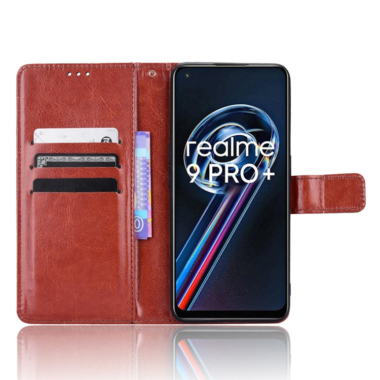 For Realme 9 Pro 5G / V25 5G / 9 5G (Global Version) / 9 5G (EU Version) Drop-proof Crazy Horse Leather Phone Case Well-protected Wallet Stand Function Shell with Strap - Brown