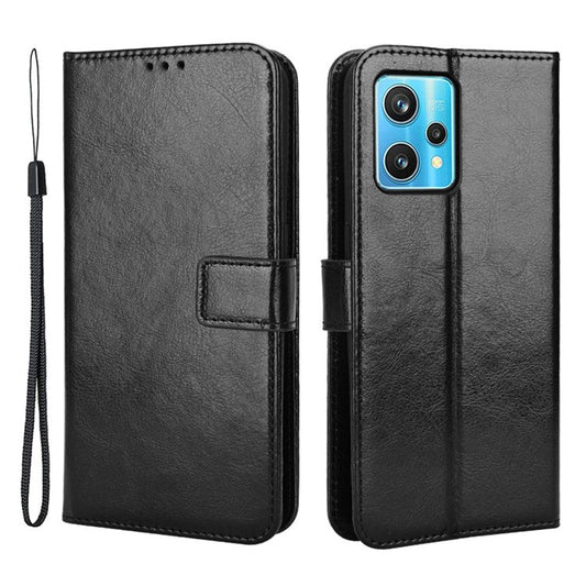 For Realme 9 Pro+ Scratch-resistant Crazy Horse Leather Phone Case Folio Flip Wallet Stand Shell with Strap - Black