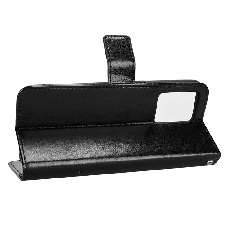 For Realme 9 Pro+ Scratch-resistant Crazy Horse Leather Phone Case Folio Flip Wallet Stand Shell with Strap - Black