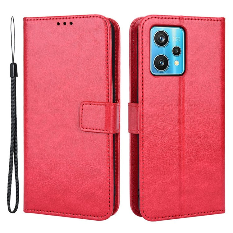 For Realme 9 Pro+ Scratch-resistant Crazy Horse Leather Phone Case Folio Flip Wallet Stand Shell with Strap - Red
