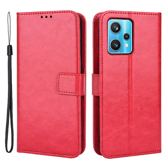 For Realme 9 Pro+ Scratch-resistant Crazy Horse Leather Phone Case Folio Flip Wallet Stand Shell with Strap - Red