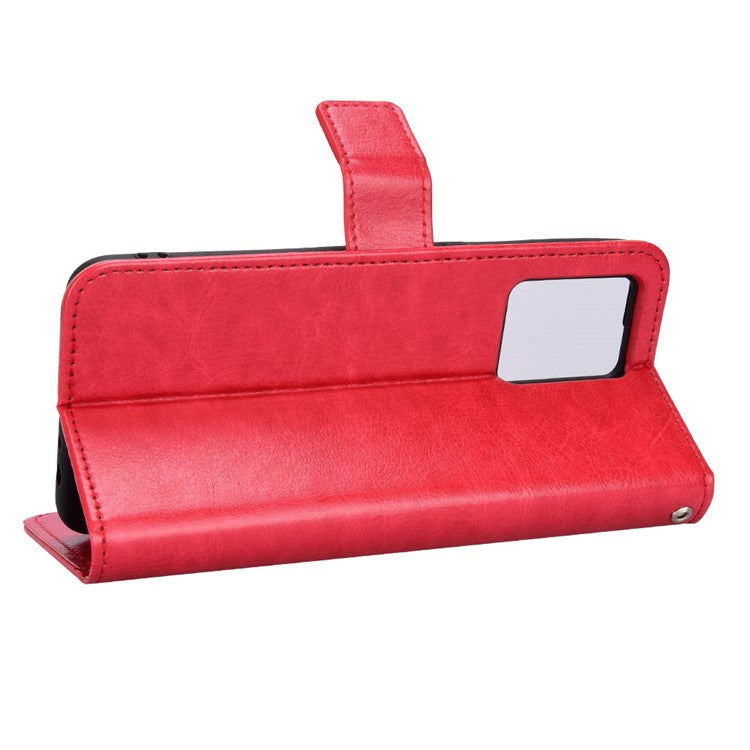 For Realme 9 Pro+ Scratch-resistant Crazy Horse Leather Phone Case Folio Flip Wallet Stand Shell with Strap - Red