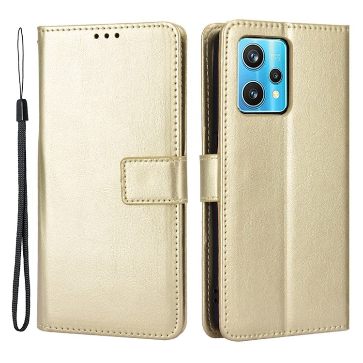 For Realme 9 Pro+ Scratch-resistant Crazy Horse Leather Phone Case Folio Flip Wallet Stand Shell with Strap - Gold