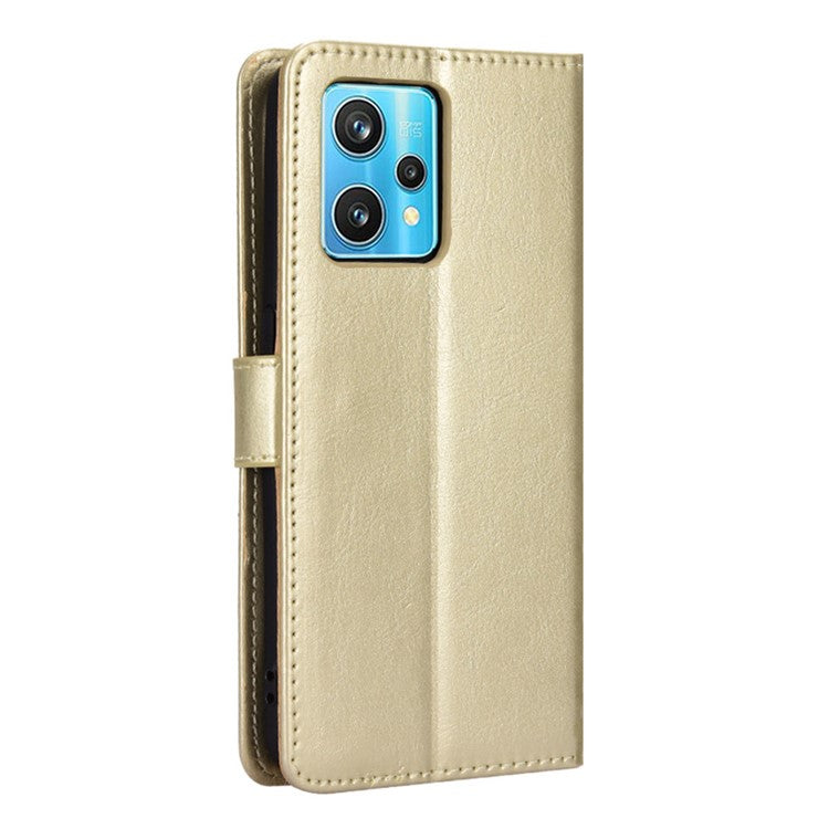 For Realme 9 Pro+ Scratch-resistant Crazy Horse Leather Phone Case Folio Flip Wallet Stand Shell with Strap - Gold
