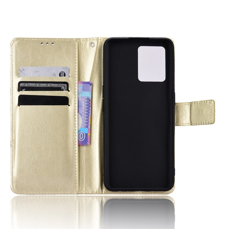 For Realme 9 Pro+ Scratch-resistant Crazy Horse Leather Phone Case Folio Flip Wallet Stand Shell with Strap - Gold