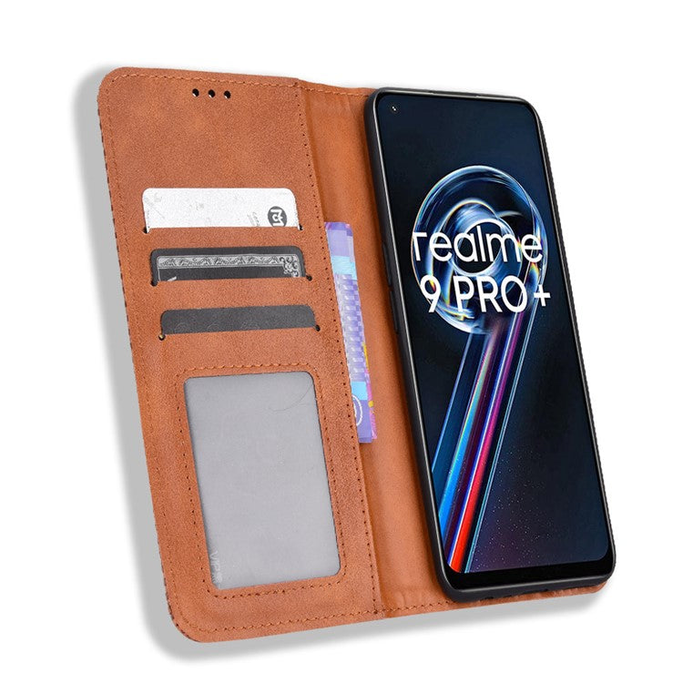 For Realme 9 Pro+ PU Leather Magnetic Auto-absorbed Vintage Mosaic Imprinted Stand Case with Wallet - Brown