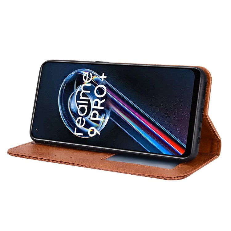For Realme 9 Pro+ PU Leather Magnetic Auto-absorbed Vintage Mosaic Imprinted Stand Case with Wallet - Brown