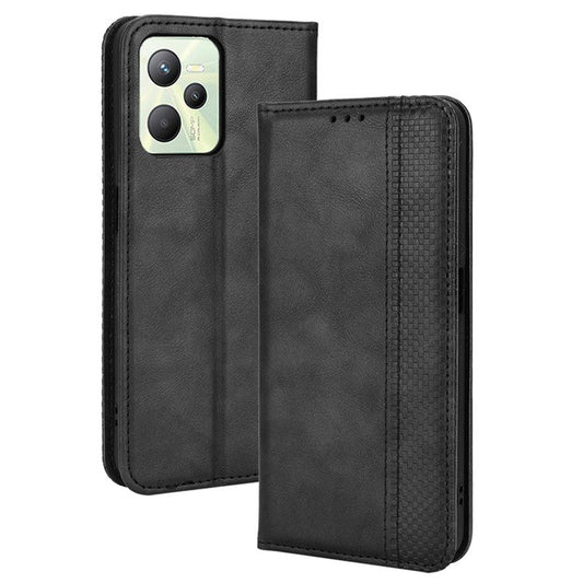 For Realme C35 PU Leather Wallet Vintage Protector Mosaic Imprinted Magnetic Auto-absorbed Anti-fall Case Cover - Black