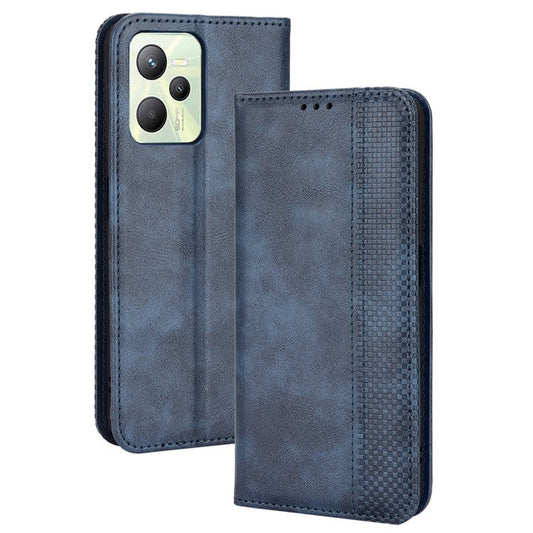 For Realme C35 PU Leather Wallet Vintage Protector Mosaic Imprinted Magnetic Auto-absorbed Anti-fall Case Cover - Blue