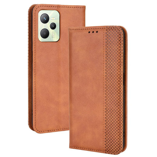 For Realme C35 PU Leather Wallet Vintage Protector Mosaic Imprinted Magnetic Auto-absorbed Anti-fall Case Cover - Brown