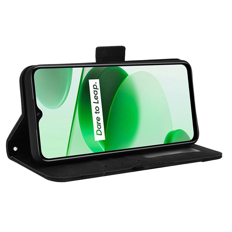 For Realme C35 Wallet Stand Anti-scratch PU Leather Protective Case Multiple Card Slots Magnetic Closing Phone Shell - Black