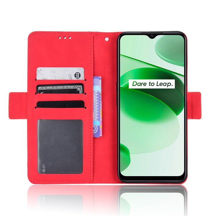 For Realme C35 Wallet Stand Anti-scratch PU Leather Protective Case Multiple Card Slots Magnetic Closing Phone Shell - Red