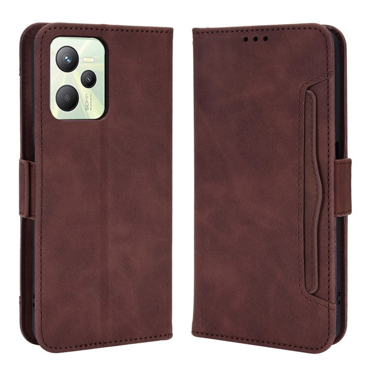 For Realme C35 Wallet Stand Anti-scratch PU Leather Protective Case Multiple Card Slots Magnetic Closing Phone Shell - Brown