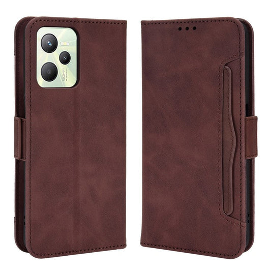 For Realme C35 Wallet Stand Anti-scratch PU Leather Protective Case Multiple Card Slots Magnetic Closing Phone Shell - Brown