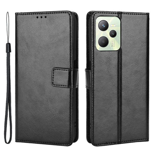 For Realme C35 Crazy Horse Texture Well-protected PU Leather Mobile Phone Stand Case Wallet Cover - Black