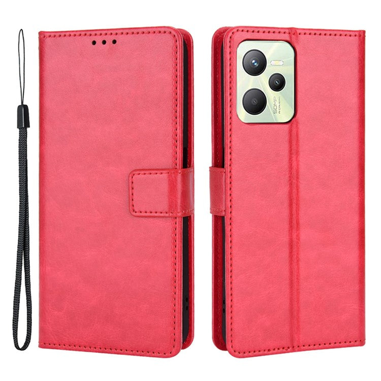 For Realme C35 Crazy Horse Texture Well-protected PU Leather Mobile Phone Stand Case Wallet Cover - Red