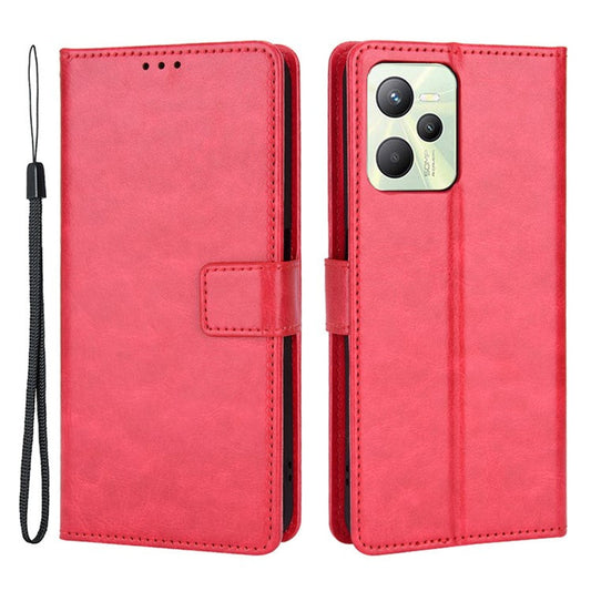 For Realme C35 Crazy Horse Texture Well-protected PU Leather Mobile Phone Stand Case Wallet Cover - Red