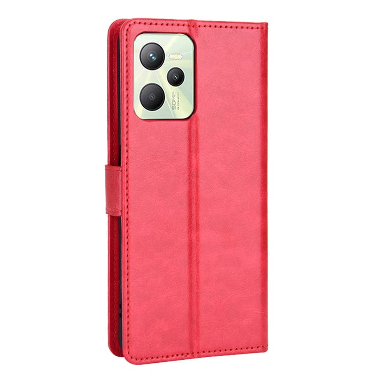 For Realme C35 Crazy Horse Texture Well-protected PU Leather Mobile Phone Stand Case Wallet Cover - Red
