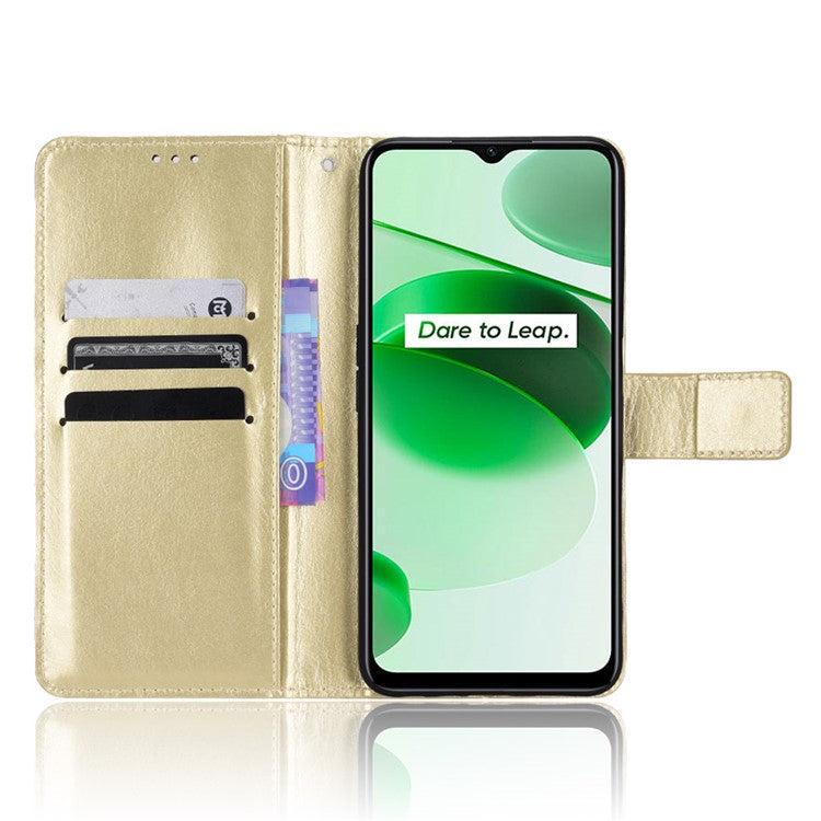 For Realme C35 Crazy Horse Texture Well-protected PU Leather Mobile Phone Stand Case Wallet Cover - Gold