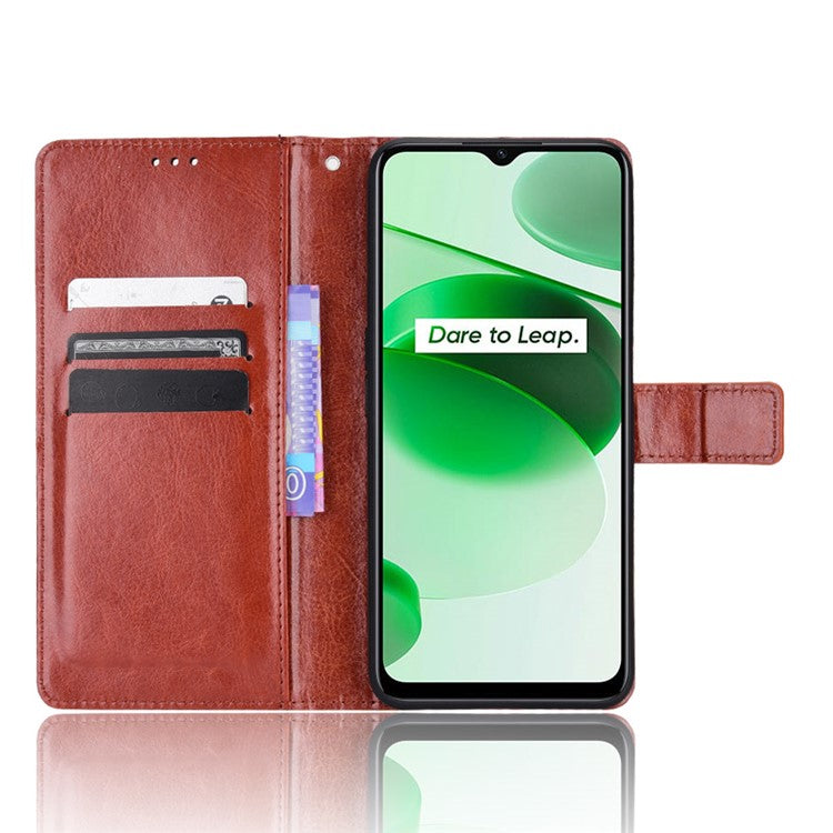 For Realme C35 Crazy Horse Texture Well-protected PU Leather Mobile Phone Stand Case Wallet Cover - Brown