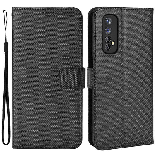 For Realme 7 (Global)/Realme Narzo 20 Pro Diamond Texture Phone Case Cover with Wallet Function PU Leather + TPU Stand Cell Phone Shell - Black