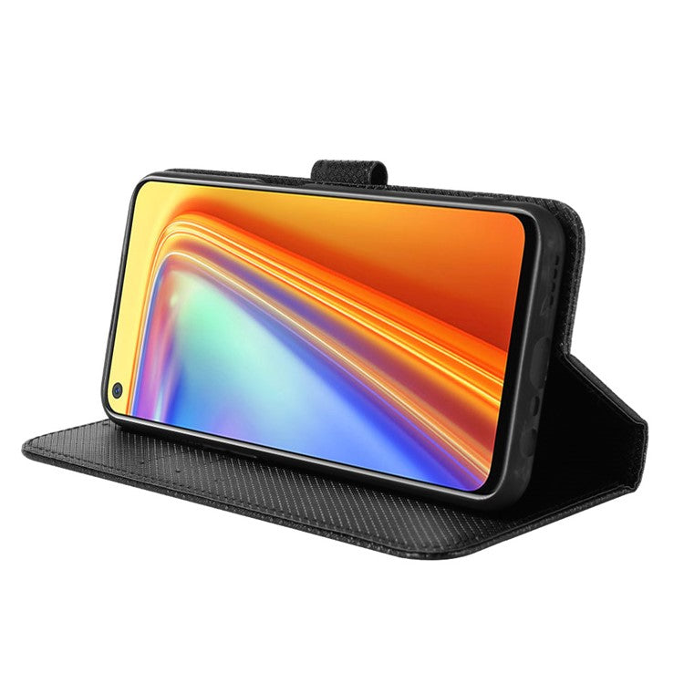 For Realme 7 (Global)/Realme Narzo 20 Pro Diamond Texture Phone Case Cover with Wallet Function PU Leather + TPU Stand Cell Phone Shell - Black