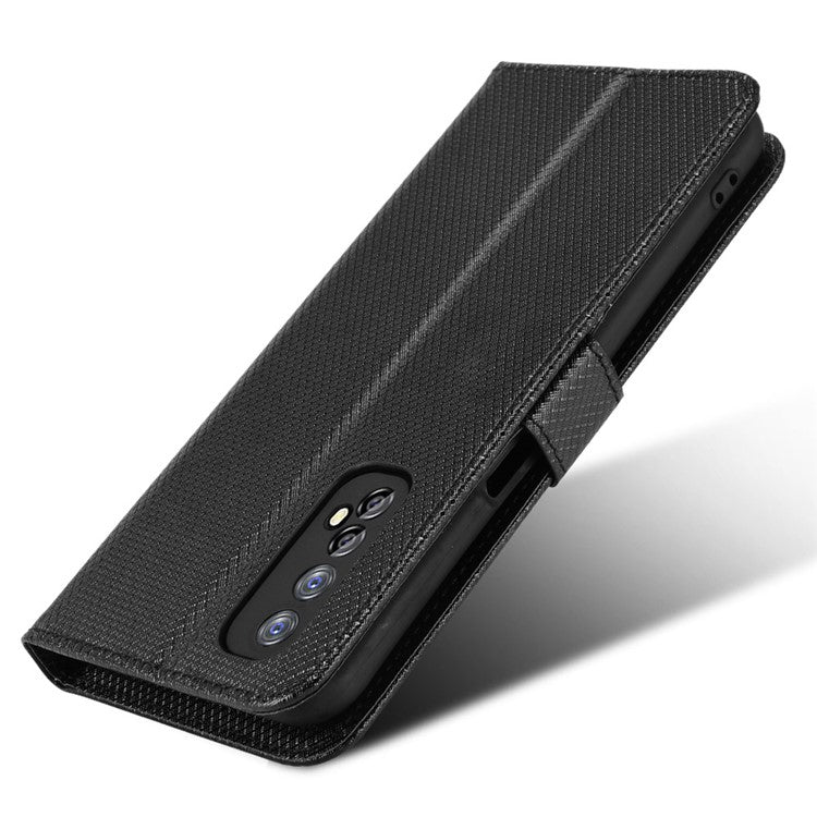 For Realme 7 (Global)/Realme Narzo 20 Pro Diamond Texture Phone Case Cover with Wallet Function PU Leather + TPU Stand Cell Phone Shell - Black