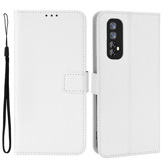 For Realme 7 (Global)/Realme Narzo 20 Pro Diamond Texture Phone Case Cover with Wallet Function PU Leather + TPU Stand Cell Phone Shell - White