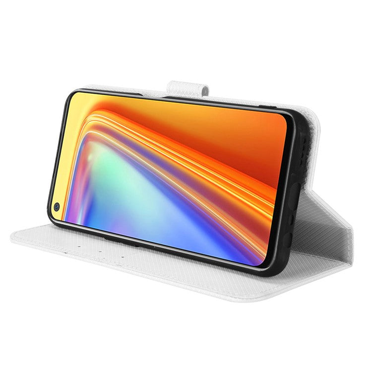 For Realme 7 (Global)/Realme Narzo 20 Pro Diamond Texture Phone Case Cover with Wallet Function PU Leather + TPU Stand Cell Phone Shell - White