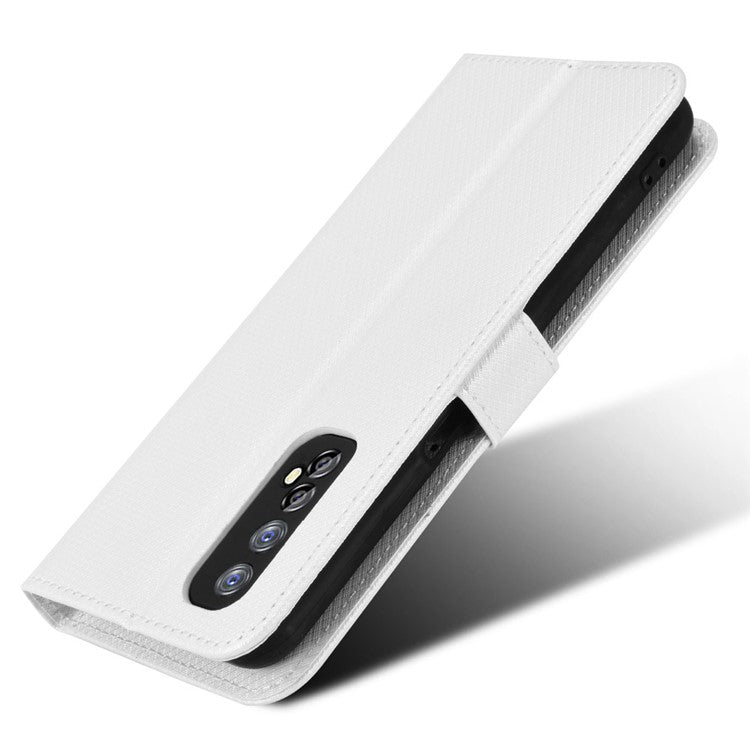 For Realme 7 (Global)/Realme Narzo 20 Pro Diamond Texture Phone Case Cover with Wallet Function PU Leather + TPU Stand Cell Phone Shell - White