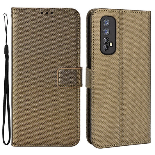 For Realme 7 (Global)/Realme Narzo 20 Pro Diamond Texture Phone Case Cover with Wallet Function PU Leather + TPU Stand Cell Phone Shell - Brown