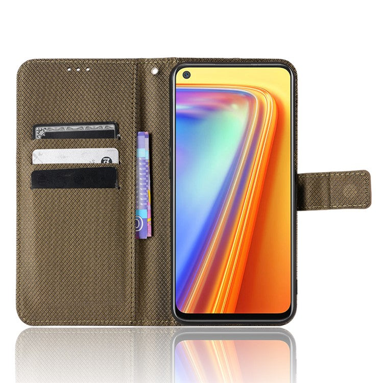 For Realme 7 (Global)/Realme Narzo 20 Pro Diamond Texture Phone Case Cover with Wallet Function PU Leather + TPU Stand Cell Phone Shell - Brown