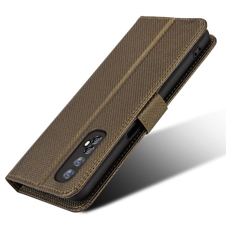 For Realme 7 (Global)/Realme Narzo 20 Pro Diamond Texture Phone Case Cover with Wallet Function PU Leather + TPU Stand Cell Phone Shell - Brown