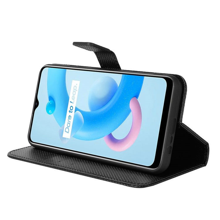 For Realme C11 (2021)/C20 Diamond Texture Fall Proof Phone Case Cover PU Leather Wallet Stand Cell Phone Shell with Strap - Black