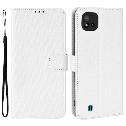 For Realme C11 (2021)/C20 Diamond Texture Fall Proof Phone Case Cover PU Leather Wallet Stand Cell Phone Shell with Strap - White