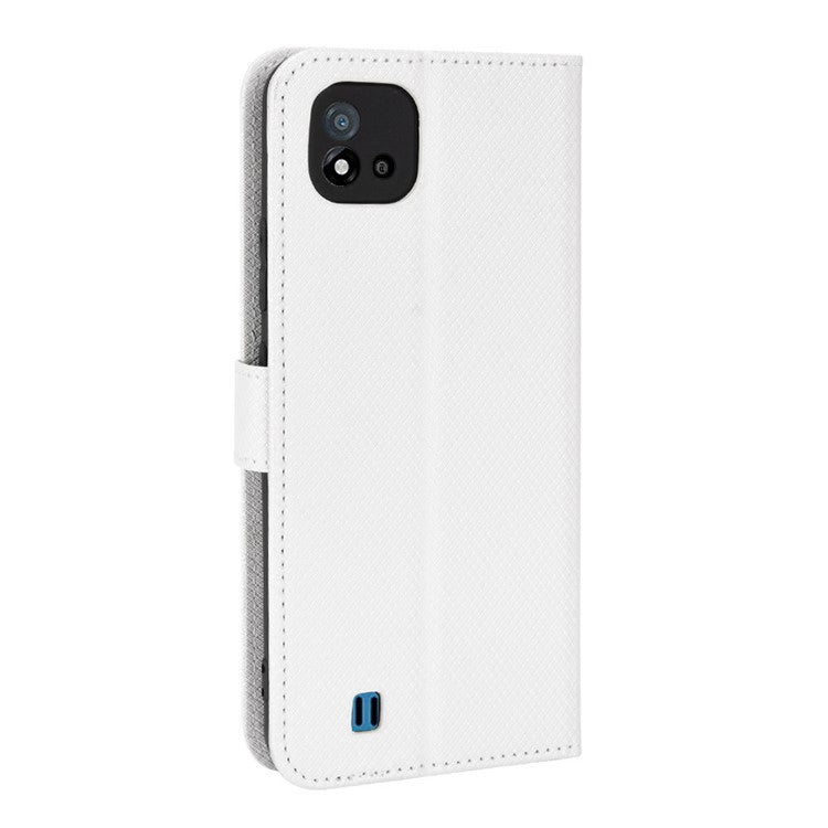 For Realme C11 (2021)/C20 Diamond Texture Fall Proof Phone Case Cover PU Leather Wallet Stand Cell Phone Shell with Strap - White