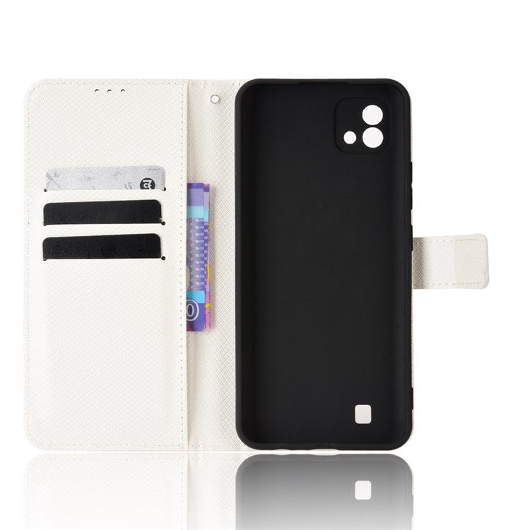 For Realme C11 (2021)/C20 Diamond Texture Fall Proof Phone Case Cover PU Leather Wallet Stand Cell Phone Shell with Strap - White