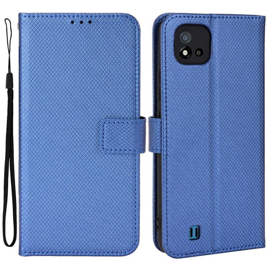 For Realme C11 (2021)/C20 Diamond Texture Fall Proof Phone Case Cover PU Leather Wallet Stand Cell Phone Shell with Strap - Blue