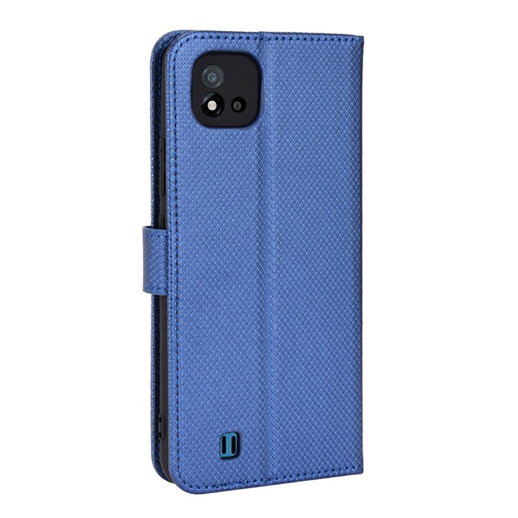 For Realme C11 (2021)/C20 Diamond Texture Fall Proof Phone Case Cover PU Leather Wallet Stand Cell Phone Shell with Strap - Blue
