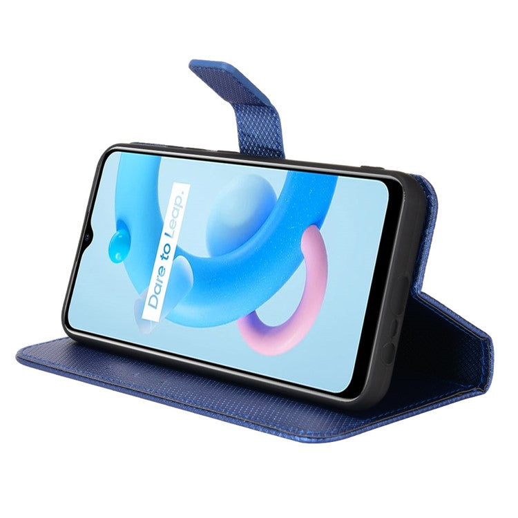 For Realme C11 (2021)/C20 Diamond Texture Fall Proof Phone Case Cover PU Leather Wallet Stand Cell Phone Shell with Strap - Blue