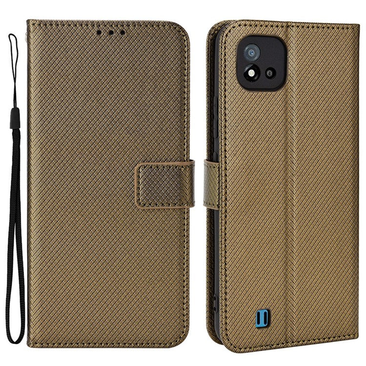 For Realme C11 (2021)/C20 Diamond Texture Fall Proof Phone Case Cover PU Leather Wallet Stand Cell Phone Shell with Strap - Brown