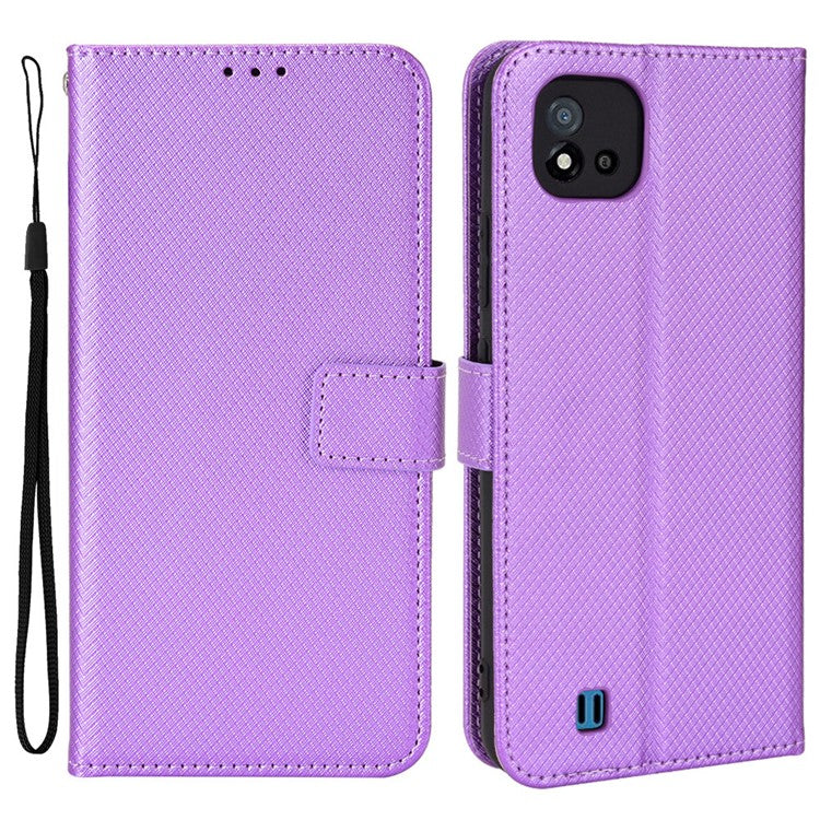 For Realme C11 (2021)/C20 Diamond Texture Fall Proof Phone Case Cover PU Leather Wallet Stand Cell Phone Shell with Strap - Purple