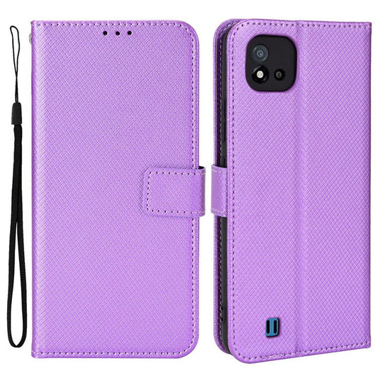 For Realme C11 (2021)/C20 Diamond Texture Fall Proof Phone Case Cover PU Leather Wallet Stand Cell Phone Shell with Strap - Purple