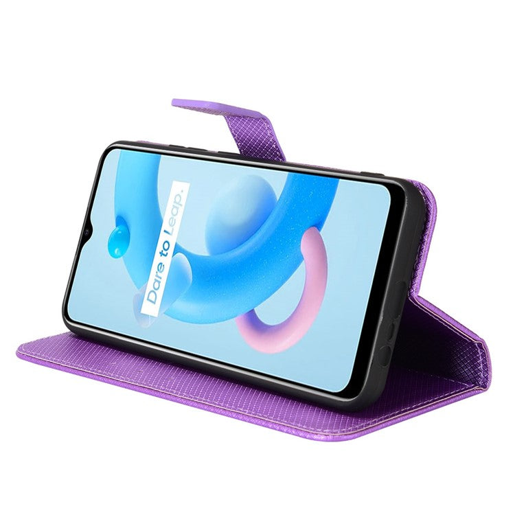 For Realme C11 (2021)/C20 Diamond Texture Fall Proof Phone Case Cover PU Leather Wallet Stand Cell Phone Shell with Strap - Purple