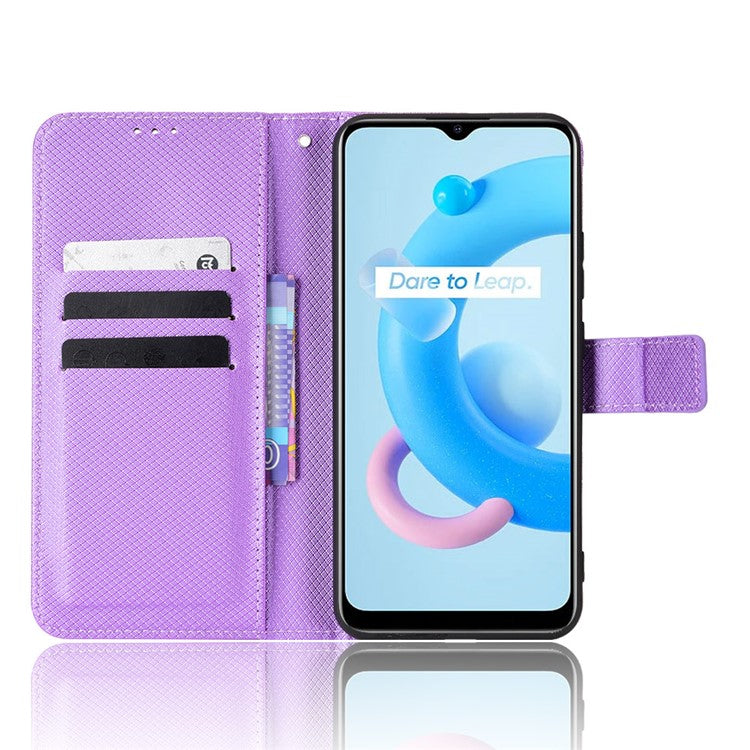 For Realme C11 (2021)/C20 Diamond Texture Fall Proof Phone Case Cover PU Leather Wallet Stand Cell Phone Shell with Strap - Purple