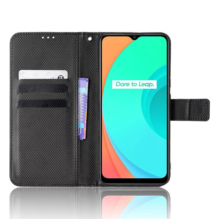 For Realme C11 Diamond Texture Phone Case Cover PU Leather Anti-scratch Wallet Stand Cell Phone Shell with Strap - Black