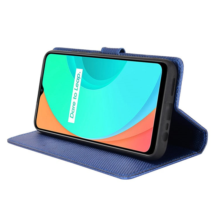 For Realme C11 Diamond Texture Phone Case Cover PU Leather Anti-scratch Wallet Stand Cell Phone Shell with Strap - Blue