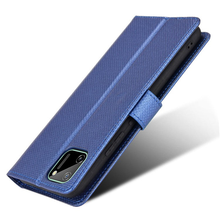 For Realme C11 Diamond Texture Phone Case Cover PU Leather Anti-scratch Wallet Stand Cell Phone Shell with Strap - Blue