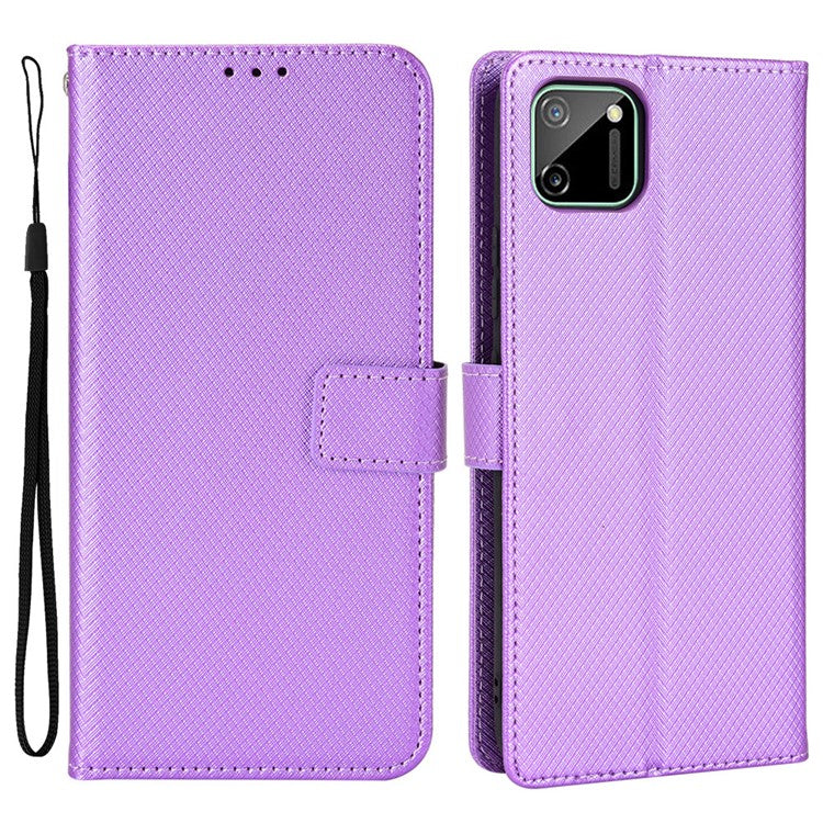 For Realme C11 Diamond Texture Phone Case Cover PU Leather Anti-scratch Wallet Stand Cell Phone Shell with Strap - Purple